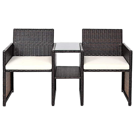 1-Piece 2-People Seat Rattan Wicker Patio Conversation Set with Wicker Chairs and Beige Soft Cushion