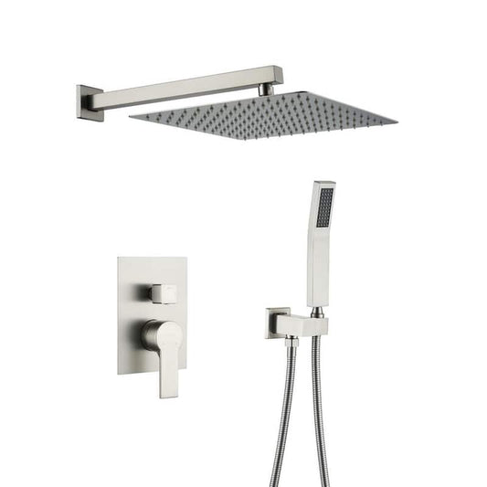 1-Spray Patterns with 2.5 GPM 12 in. Wall Mount Dual Shower Heads with Pressure Balance Valve in Brushed Nickel
