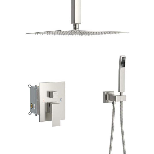 1-Spray Patterns with 1.8 GPM 16 in. Ceiling Mount Dual Shower Heads with Hand Shower Faucet in Brushed Nickel