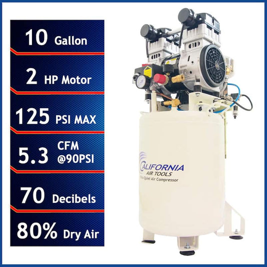 10 Gal. 2 HP Ultra Quiet and Oil-Free Stationary Electric Air Compressor with Air Drying System