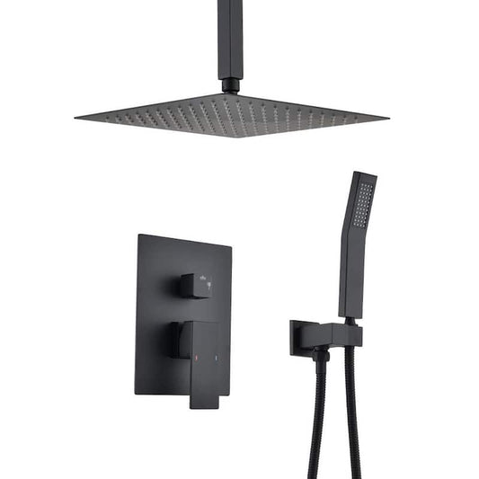 1-Spray Patterns with 2.5 GPM 10 in. Square Ceiling Mount Dual Shower Heads in Matte Black